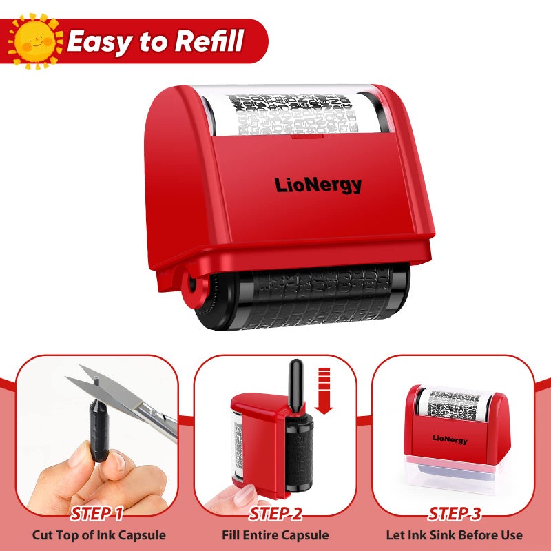 Lionergy Identity Protection Roller Stamp LioNergy Roller Identity Theft Prevention Security Stamp with 3 Refills - Red - Image 3
